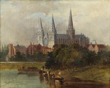 Lichfield Cathedral from Minster Pool Signed Janes Oil Painting on Board Framed