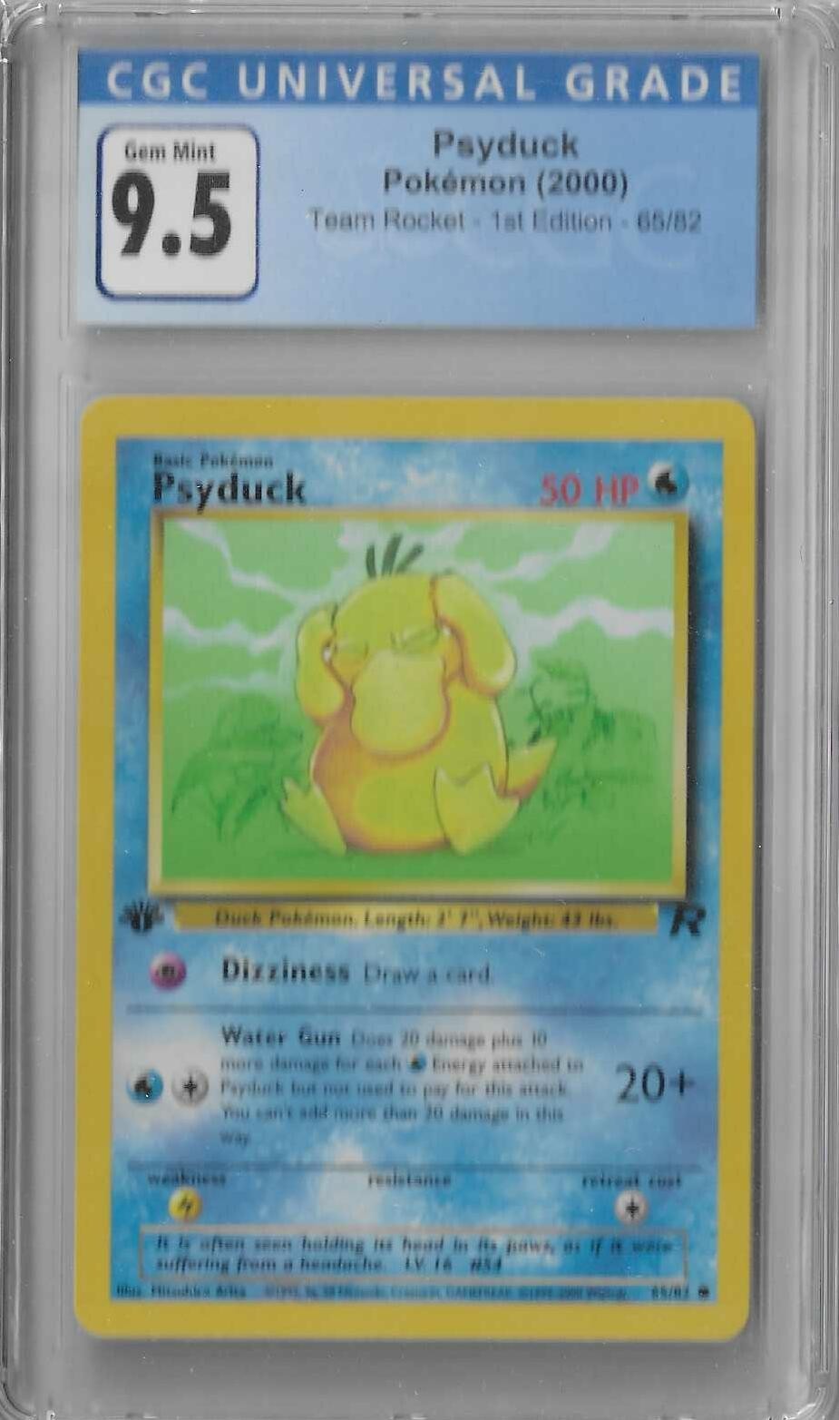 CGC 9.5 MINT Psyduck  65/82 Team Rocket 1st Edition 2000 Pokemon Card TCG