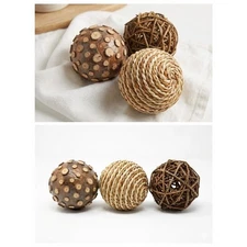 Unbranded Decorative Orbs Set 3 Rustic Wood Wicker Bowl Filler 4" Boho balls