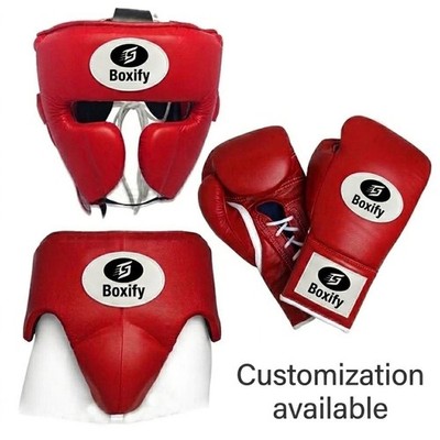 Boxing Headgear Gloves Groin Guard Set MMA Training Gear Red Leather Custom Box