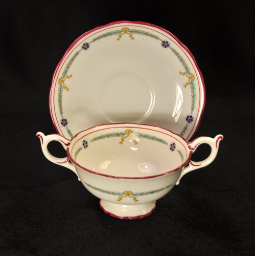 Coalport Sahne Suppe Bouillon Tasse & Untertasse Schleifen & Blumen weinroter Rand 1891-1919 - Bild 8 von 24