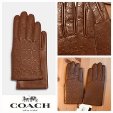 Coach Signature Embossed Leather Tech Gloves in Saddle Brown Size 7.5 NWT
