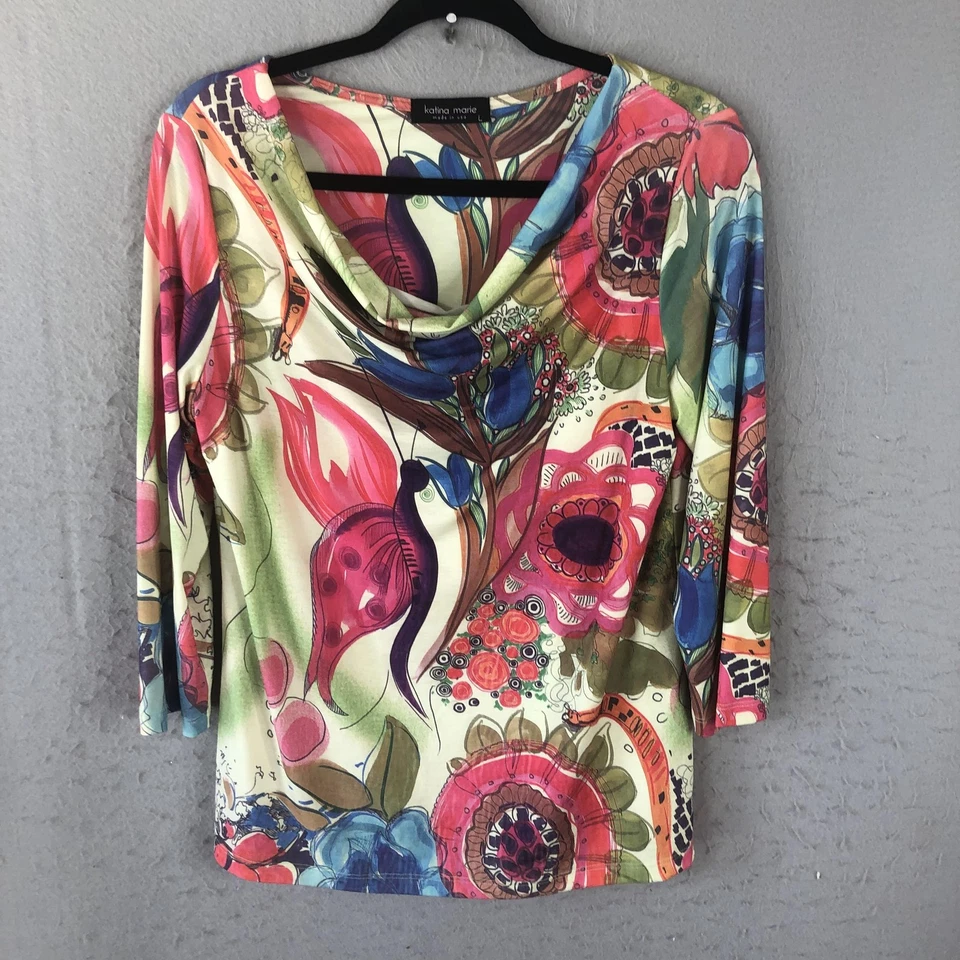 Katina Marie 衬衫女式大号花卉印花圆领弹力美国制造 — 第 2/4 张图片