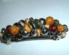 VINTAGE MARBLED BAKELITE AND SILVER BALL 3.5" HAIR BARRETTE