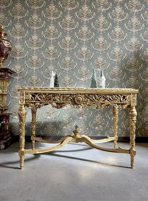 Dining Table Antique Rococo Style White Marble Top Table Gold Frame in Handmade