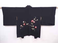 6224T09z570 Vintage Japanese Kimono Silk HAORI Sakura Black