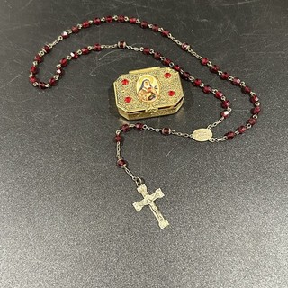 Antique St. Therese Rosary box. W/ Sterling Silver Rosary Glass Ruby Red beads