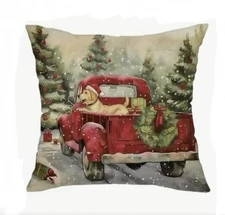 RED TRUCK Puppies Tree Christmas Throw Pillow Cover Winter Holiday Home Decor