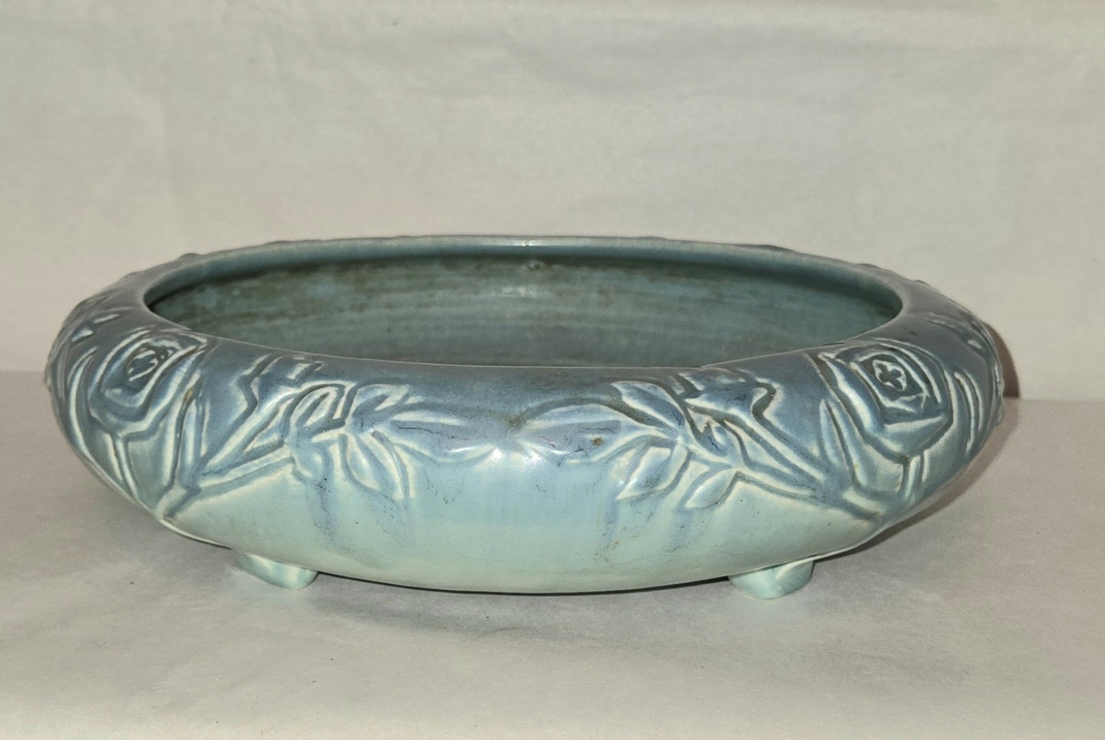 Rookwood Pottery Console Footed Bulb Bowl Jade Green 1921 #2171 Roses Flower EUC