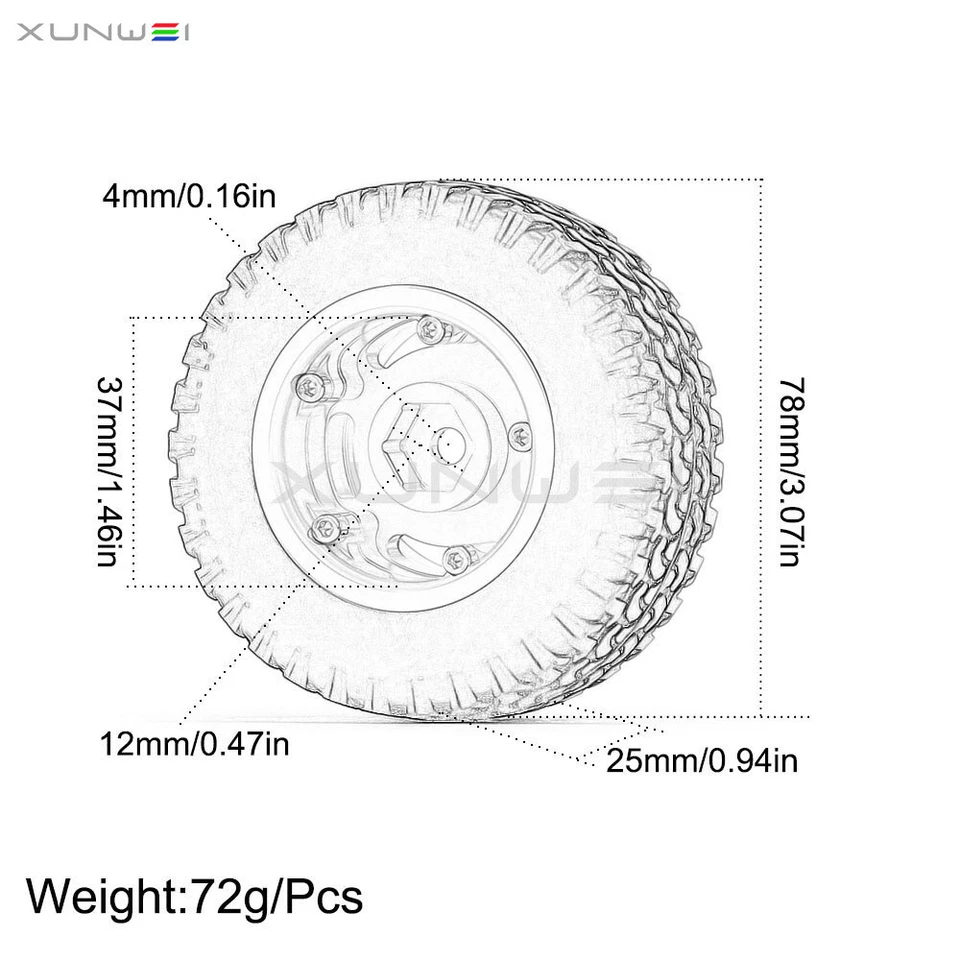 1.55" Alloy Beadlock Rim 78×25mm Tire Tyre For 1/10 Axial LC70 D90 MN CC01 MST - Image 2 of 4