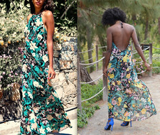  ZARA FLORAL DRESS TROPICAL PRINT LONG MAXI DRESS HALTER NECK DRESS SIZE L NEW