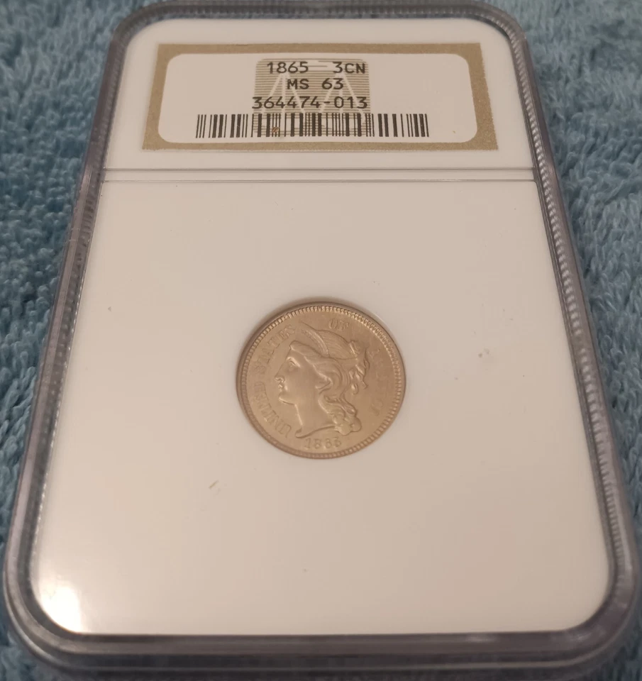 1865 3CN Three Cents, NGC MS-63, BU and well toned - Image 2 of 4