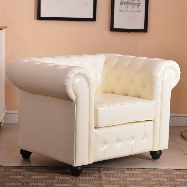 Living Room Furniture Black Leather Round Club Chair W Tufted