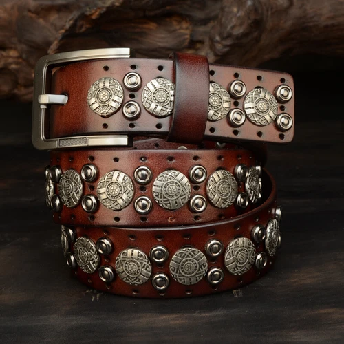 Genuine Leather Belt Men Motorcycle Heavy Metal Rivet Punk Luxury Belts Unisex