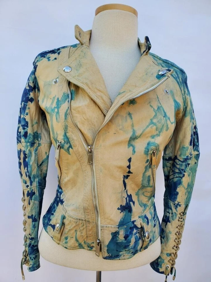 Ralph Lauren leather jacket denim blue purple beige 0 2 4 painted tiedye moto XS - Image 3 of 4