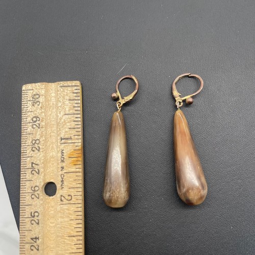 Elongated Teardrop Horn Earrings Leverback Brown Nature Casual Ethnic? - Picture 4 of 6