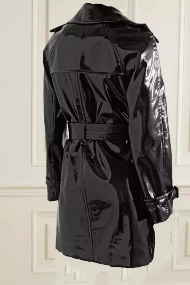 Women BLACK PVC Vinyl Shinny trench long Coat Waterproof Winters Patient Jacket image 2