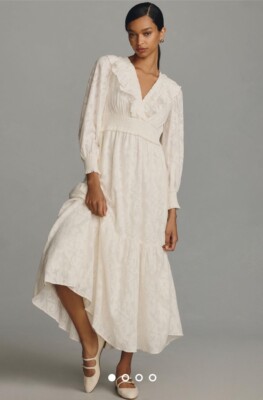 anthropologie long sleeve white dress Anthropologie Long Sleeve Ruffle Neck Maxi Dress Print Smocked Lined Ivory  S NEW