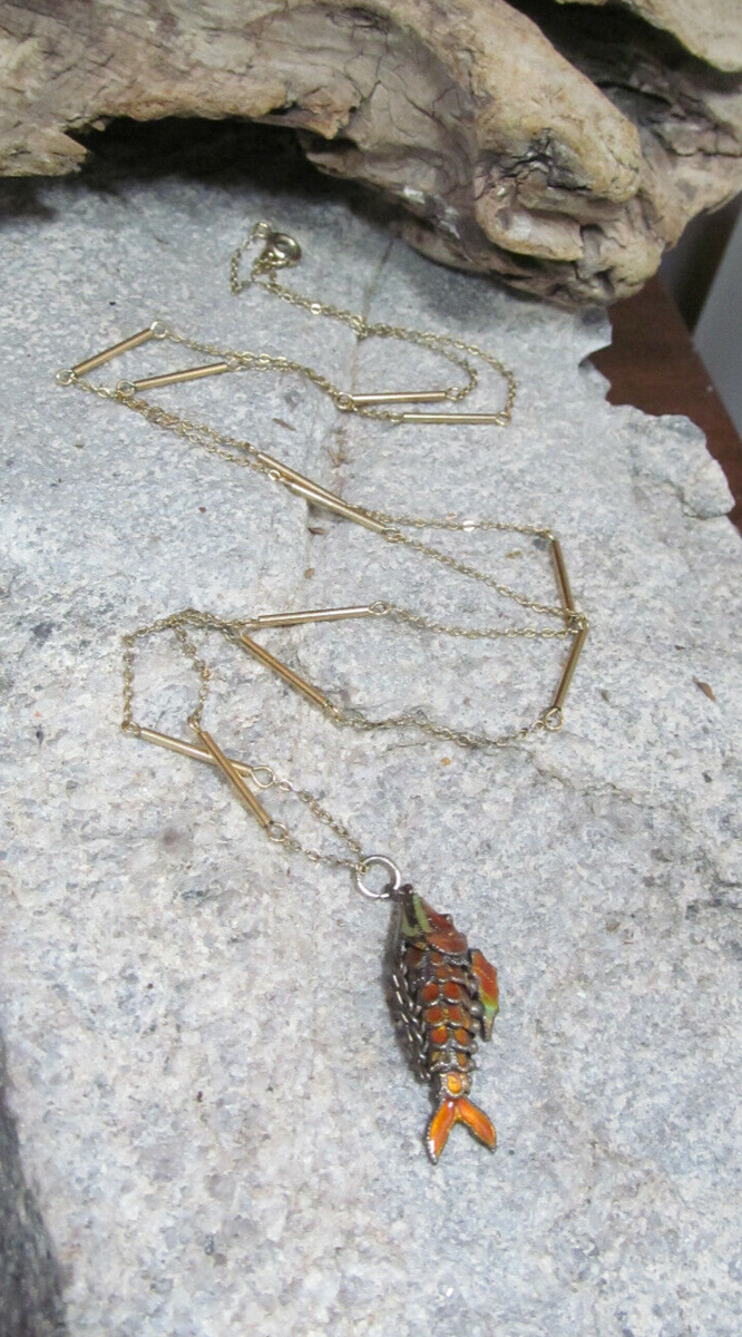 Vintage 925 Sterling Silver Enamel Articulated Fish Pendant 12K GF