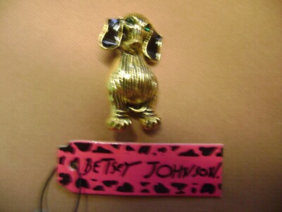 NWT- BETSEY JOHNSON BLACK ENAMEL CUTE DOG GREEN CRYSTAL EYES BROOCH- USA SELLER