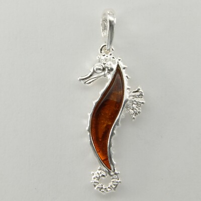 Natural Cognac / Brown BALTIC AMBER Sea Horse Pendant 925 STERLING SILVER #5703e