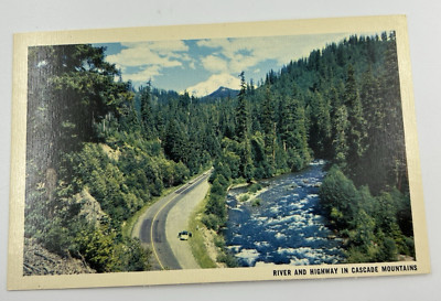 Pacific Northwest Vintage Postcard River Highway in Cascade Mountains Perkins
