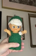 7” KEWPIE DOLL Green and White Crocheted Overalls and Cap Made in Korea