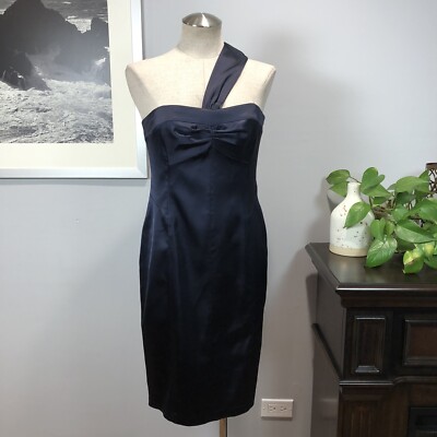 David Meister One Shoulder Navy Blue Satin Midi Dress Size 6 | eBay