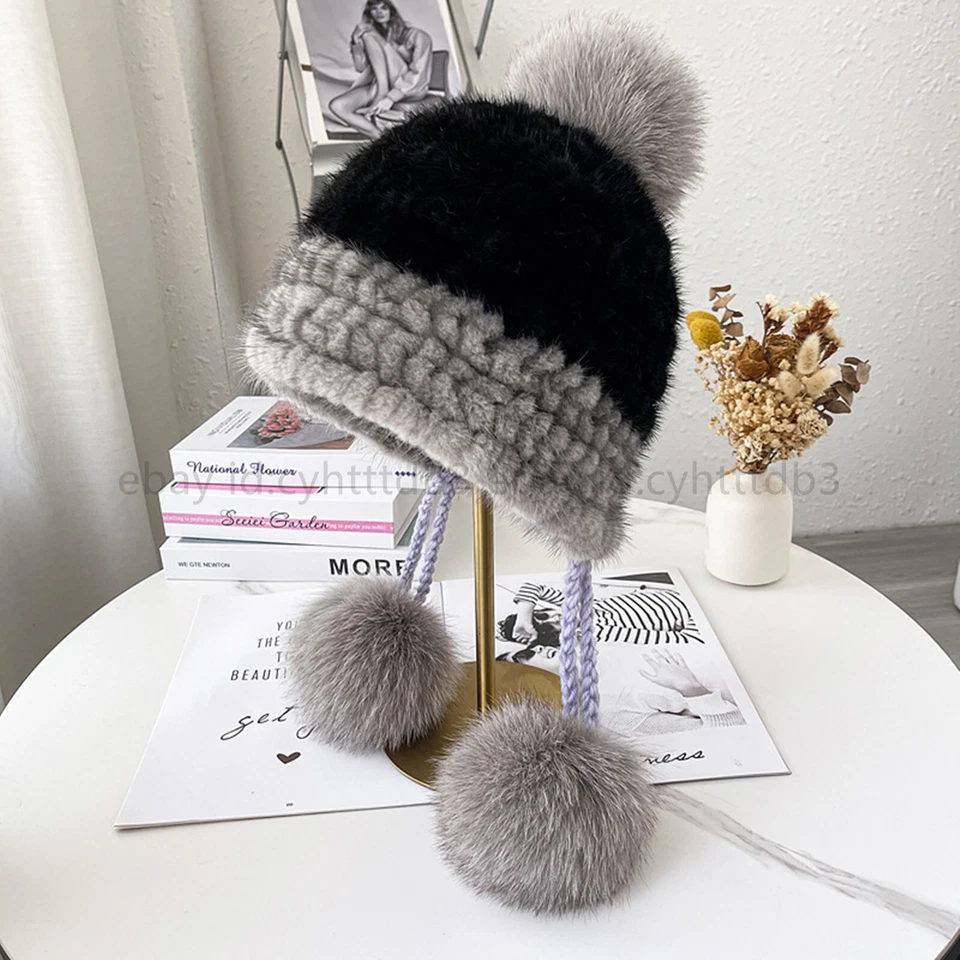 100% Real Mink Fur Knitted Beanie Hat Women Winter Cap with Fox Fur Pom Poms - Image 4 of 4