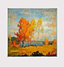 27"x27"Autumn Trees Print Pure Mulberry Satin Silk 12momme Scarf 68x68cm3-11-4