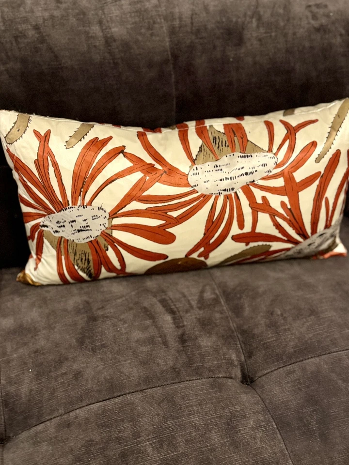 West Elm Throw Pillow By Orkin 12” X 21” Ivory Orange Brown Floral 100% Silk - Image 2 of 4