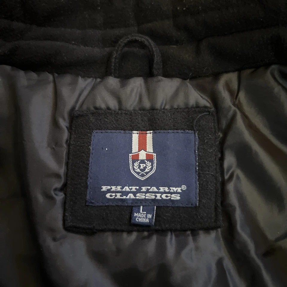 Abrigo vintage Phat Farm Classics negro mezcla de lana cremallera logotipo a presión para hombre L usado en excelente estado Foto 2 de 4
