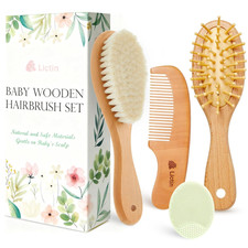 Baby Hair Brush and Comb Set, 4 Pcs Newborn Hair Brush with Soft Bristle, Natura