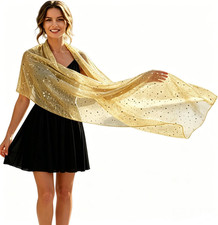 Women Sequin Mesh Scarf Glitter Sheer Beach Shawl Wrap Sparkling Metallic Evenin
