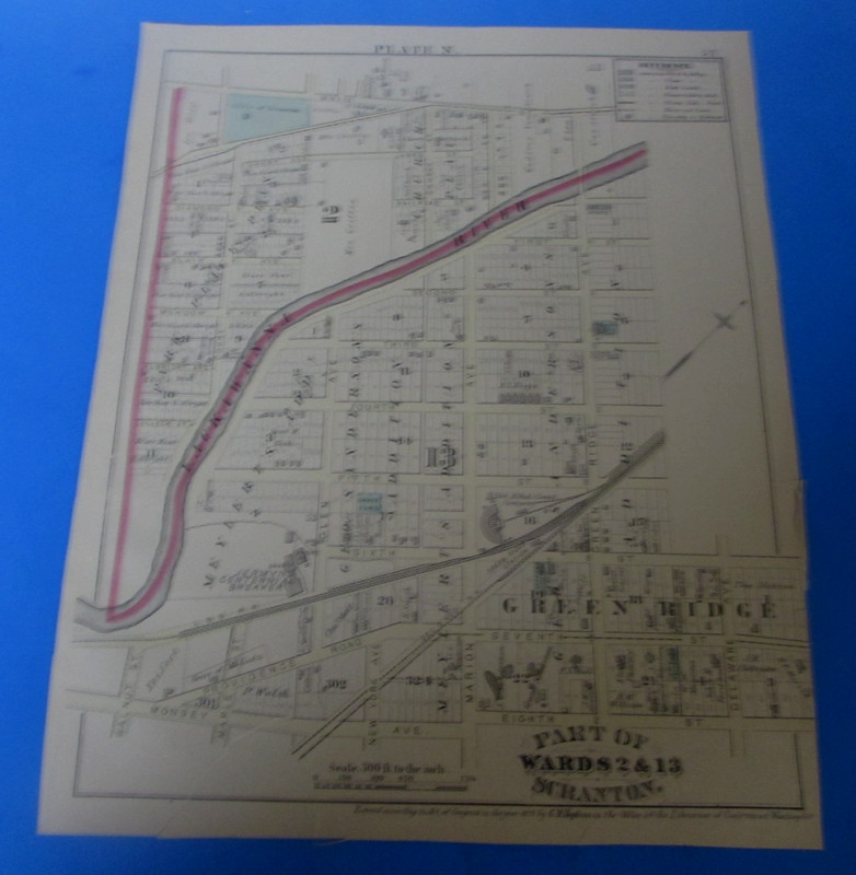 ORIGINAL 1877 SCRANTON PA. (WARDS 2 & 13) - PLATE N (MAP) - VERY GOOD