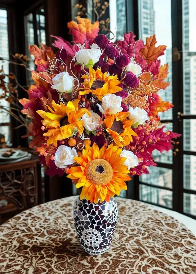 Centro de mesa Otoño Girasol Otoño Malva Borgoña Salón Comedor Decoración Acento Foto 2 de 4