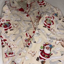 VTG Nick & Nora Sleepwear Set Womens XL Flannel Pajamas 2 Piece Christmas Santa