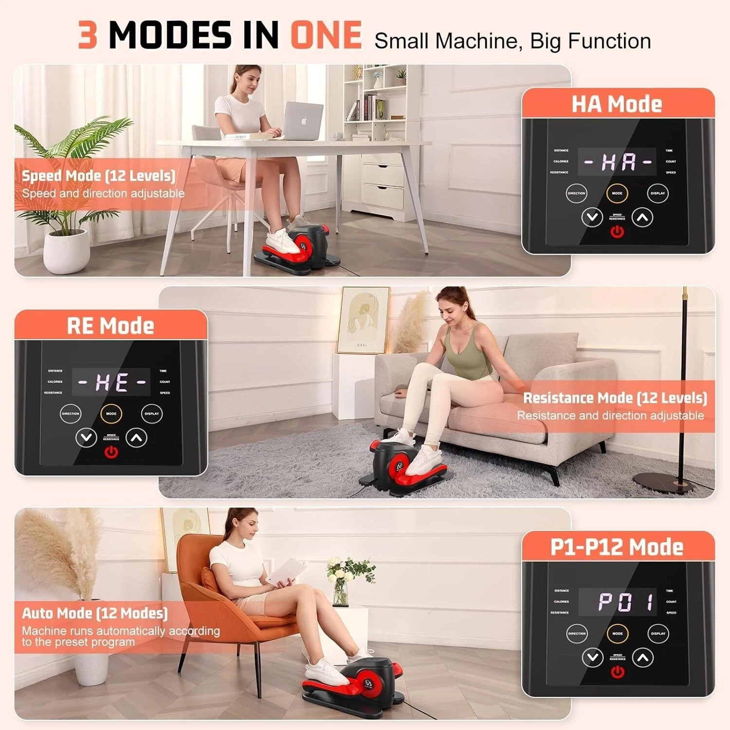 Electric Elliptical Machine, Under Desk Leg Exerciser Fully Assembled w/ 3 Modes