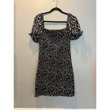 Black White Floral Smocked Puff Sleeve Mini Dress Square Neck