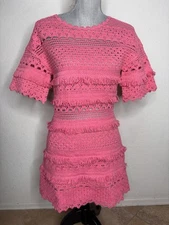 Maje Crochet Knit Mini Dress Rose Pink Beach Resort Size 34 US XS NWT