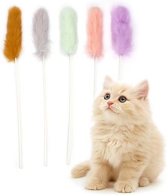 Rabbit Fur Cat Toys   5PCS Interactive Cat Wand Toys for Indoor Cats Soft Tea...