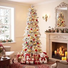 7FT White Snow Flocked Pencil Christmas Tree w/ Light Prelit Artificial Fir Tree