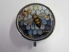 Metal 3 Compartment Pill Box Portable for Pocket or Purse Bee In Bee Hive 