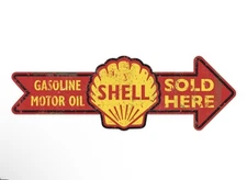 24" Reproduction Shell Gasoline SOLD HERE Gas Station Motor Oil ARROW Metal Sign