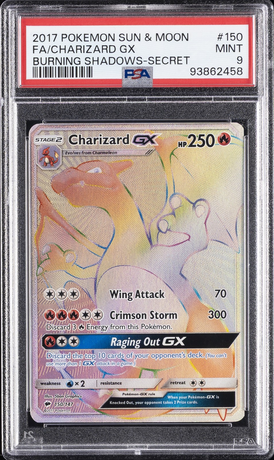 2017 POKEMON SUN & MOON BURNING SHADOWS SECRET #150 FULL ART/CHARIZARD GX PSA 9