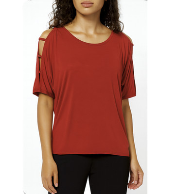 [NWT] Tahari Cold Shoulder Ladder Cut Short Sleeve Pullover Top | Size Large