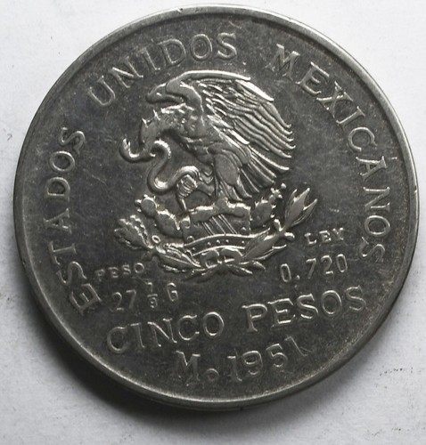 1951 Mexico Estados Unidos Mexicanos 5 Pesos Silver Coin KM# 467 - Picture 2 of 4