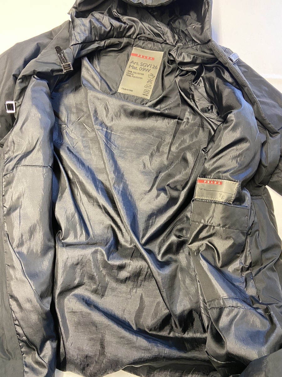 Womens PRADA Black Hooded Insulated Drip Dry Coat Sz L art Womens PRADA Black Hooded Insulated Drip Dry Coat Sz L art