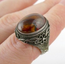 Vintage Sterling Silver Mesh Filigree and Amber Polish Adjustable Band Ring 6g