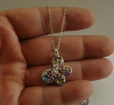 BUTTERFLY NECKLACE PENDANT W/ MULTI- COLOR GEMSTONES /18''/ 925 STERLING SILVER